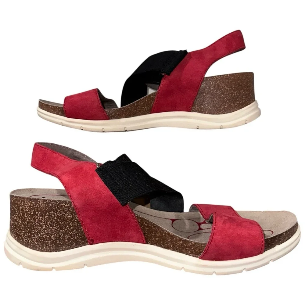 Bionica Women's 8.5M Red Leather Slingback‎ Wedge Sandals Comfort Cork Footbed